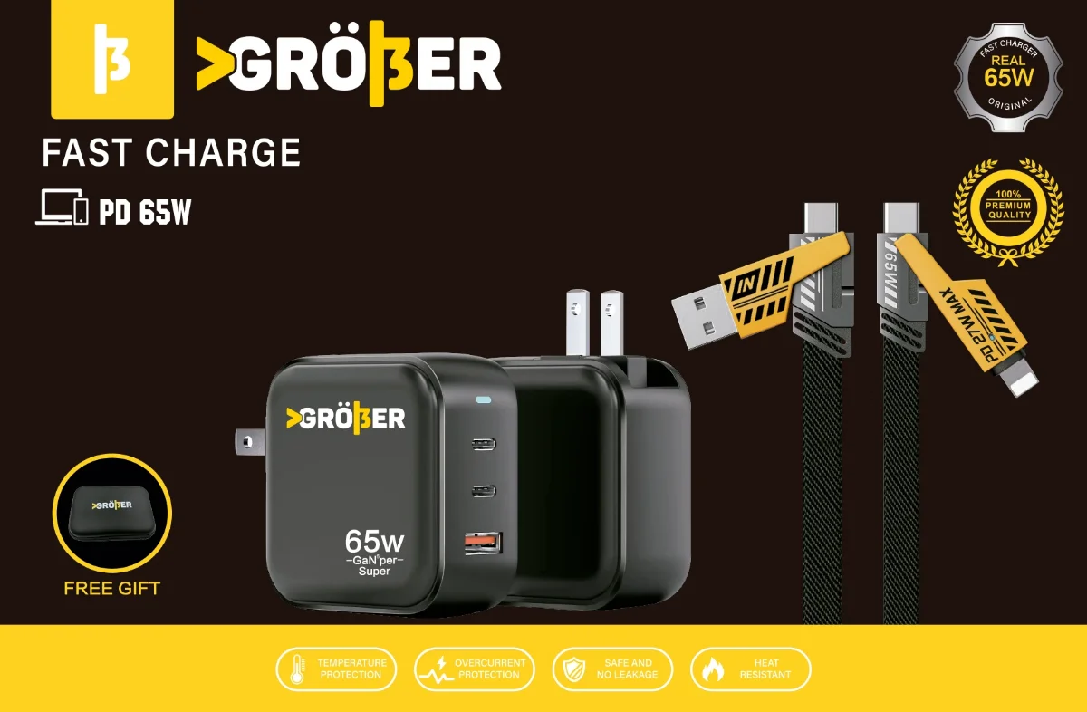 Kit Grober de 65 W: cargador de tres puertos, dos cables y estuche de viaje de regalo